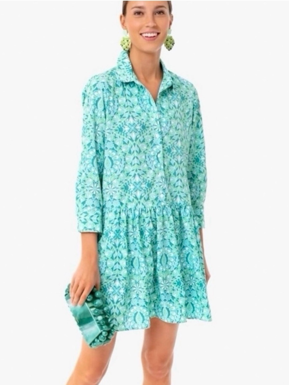 Tuckernuck Mykonos Hayes Mint Green Printed Button-Front Drop-Waist Dress